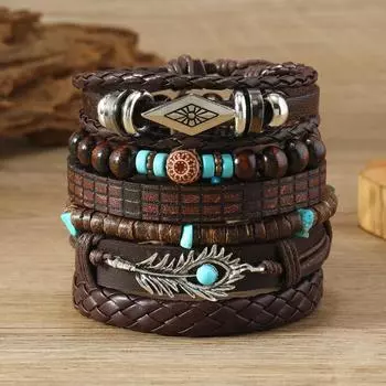 Summer new hot-selling retro fashion wind wood beads beaded alloy rhombus peacock feather hand-woven bracelet разноцветный