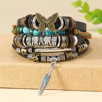 Summer new hot-selling simple fashion wind beaded turquoise butterfly decoration hand-woven leather bracelet bracelet bracelet разноцветный