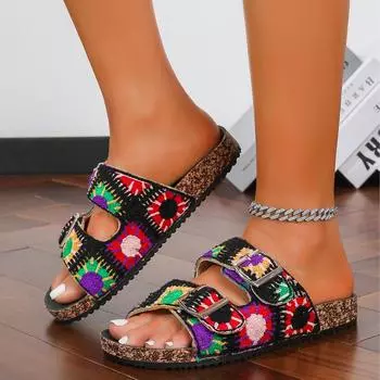 Summer new Ken women s shoes double strap belt buckle cork thick sole outer wear versatile soft sole drag 36