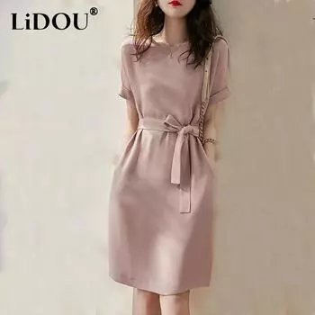 Summer New Korean Style Elegant Fashion Solid Color Dress Women O Neck Aesthetic Office Lady Chic Sweat Vestidos De Fiesta L розовый
