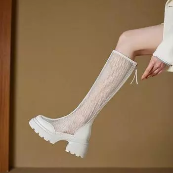 Summer new Ladies Fashion Comfort Shoes Boots Women Heel Knee-length Platform Women Female Round Toe Zipper Sandals Mesh flats 35