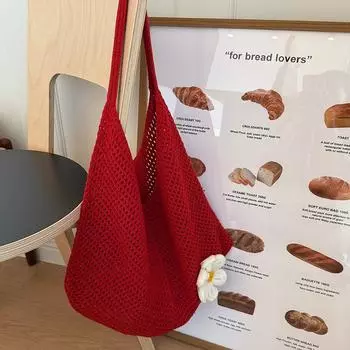 Summer New Large Capacity Woven Bag Seaside Vacation Flower Knitted Beach Bag Fashion One Shoulder Commuter Tote Bag Red
