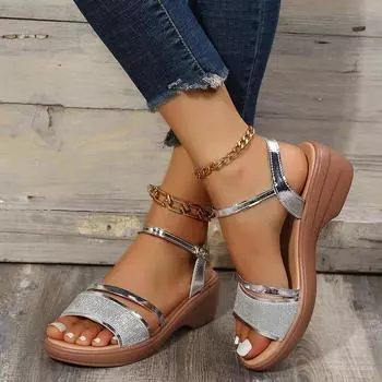 Summer new large size 2024 European and American style foreign trade women s shoes slope heel fish mouth independent station women s sandals 35 золотой
