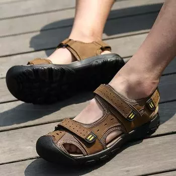 Summer New Large Size Men s Sandals Handmade Men Sandals Fashion Sandals Breathable Male Shoes Leather Men Flats Big Size 38-48 38 светло-коричневого