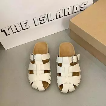 Summer new leather bag head hollow half slippers women wear soft bottom one pedal woven cool slippers 35