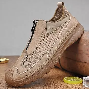Summer new leather mesh breathable thin soft-soled sneakers zipper large size men s fashion lazy casual shoes 38