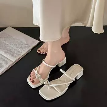 Summer new love rhinestone beautiful thick heel cool slippers wearing fairy square head silver temperament women s sandals 35