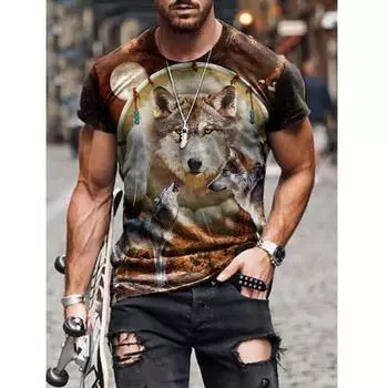 Summer New Men 3D Printed Fashion Street Homestay Retro Short sleeved Round Neck S