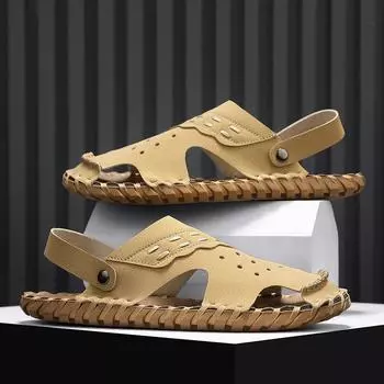 Summer New Men Fashion Leather Slippers Retro Leather Casual Slides Street Cool Beach Shoes Man Sandals 39 чёрный
