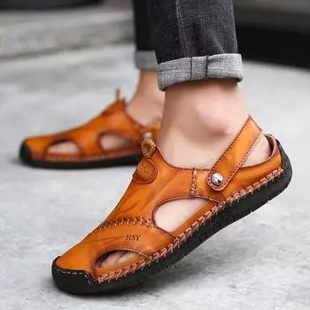 Summer new men s hollow sandals men s Korean version of handmade casual dual-purpose soft-soled bag head cool slippers big shoes 38