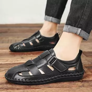 Летние новые мужские сандалии и кожаные туфли, дышащие, универсальные, классические, удобные, повседневные, для ходьбы, мужские туфли 38 чёрный