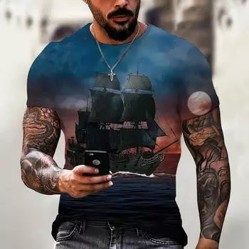 Summer New Men s Vintage 3D Print Pattern Pirate Ship Round Neck Short Sleeve Top S