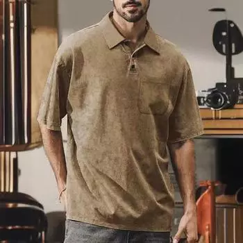 Летняя новая мужская футболка с пуговицами на лацканах, плотная, свободного покроя, в стиле ретро, коричневого цвета, с короткими рукавами S