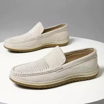 Summer New Men Shoes Genuine Leather Light Colour Loafers Men Breathable Hollow Out Flats Man Casual Slip on Driving Shoes Men 38