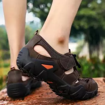 Summer New Mens Sandals Antiskid Breathable Genuine Leather Outdoor Sandalias Trekking Casual Beach Shoe Male Loafers Size 38-48 38 темно-коричневого