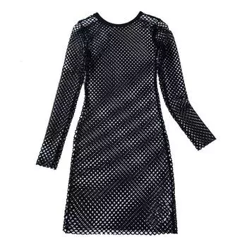Summer New Mid Length Long Length Large Mesh Hollow Dress Plus Size Mesh Hole Skirt Fashion Fashion round Neck Overskirt Black S