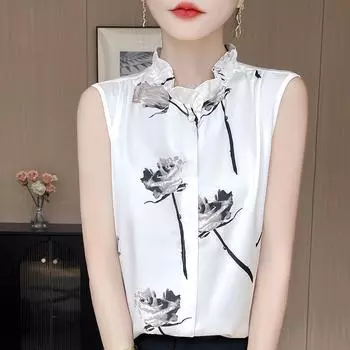 Summer New National Style Print Acetate Satin Cami Women Inner wear Silk Sleeveless Shirts Loose Outer Wear White Rose L