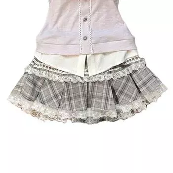 Summer New Niche Preppy Lace Stitching Slim fit Fake Two Pieces Top Plaid Lace Skirt Two-piece Set Plaid Skirt S (within recommended 47.50kg)