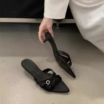 Summer new one-pedal outer wear cool slippers temperament thin heel with wide-leg pants royal sister high heels 35