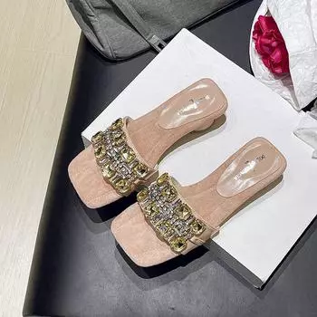 Summer new one-word with rhinestone temperament versatile fashion comfortable square head sandals heels 35