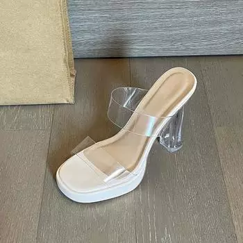 Summer new open-toed transparent word with waterproof table slippers women s simple crystal thick heels high heels sandals 35