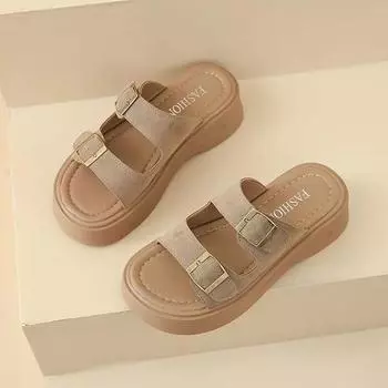 Summer new open-toed women s shoes platform-soled two-type slippers Korean version one-word outdoor sandals beach mother trailing sandals 35 хаки