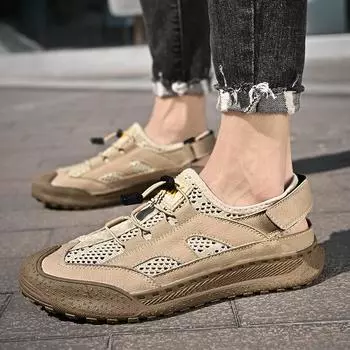 Summer New Outdoor Sports Casual Shoes Men s Genuine Leather Closed Toe Sandals Platform Coros Shoes Breathable Mesh Surface Shoes 38 песочный