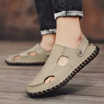 Summer New Outwear Soft Sole Casual Style Baotou Cowhide Men s Shoes Sandals and Slippers 38 бежевый