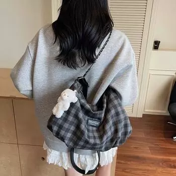 Summer new plaid shoulder bag female college student class schoolbag portable large-capacity messenger bag чёрный