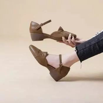 Summer new pointed head shallow mouth fashion hollow soft sole bag head middle heel single shoes word with commuter leather shoes temperature 35 коричневый