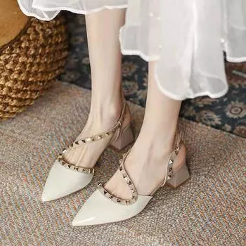 Summer new pointed rivets medium heel nude high heels niche thick heel bag head empty sandals women 35 абрикосовый