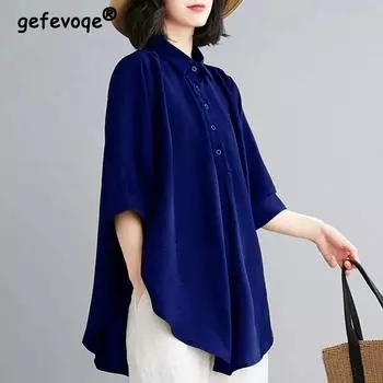 Summer New Polo-neck Loose Casual Solid Blouse Femme 3/4 Sleeve Elegant All-match Pullover Top Women Simple Comfortable Shirt S