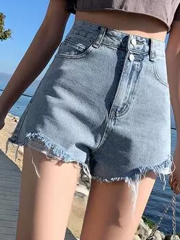 Летние новые популярные женские двубортные джинсы с высокой талией, широкие брюки для девочек, белые, черные, синие, повседневные, стираные, шорты А-силуэта S чёрный