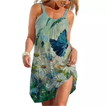 Summer New Retro Flower Butterfly Print 3D Dragonfly Beach Skirt Green Loose Casual Sexy Dress Seaside Sleeves Summer S