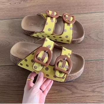 Summer new retro non-slip two-button wood bran slippers bright casual one-word beach shoes home parent-child sandals 35 синий