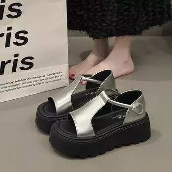 Summer new retro style thick-soled wear-resistant leather surface fish mouth deodorant non-slip sandals women s shoes 35