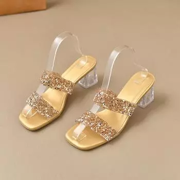 Summer new rhinestone crystal heel square head word belt wear high heel cool slippers anklet 35