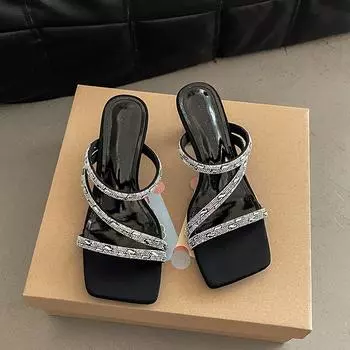 Summer new rhinestone thin strap high-heeled slippers square transparent and fashionable one-word cool slippers 35