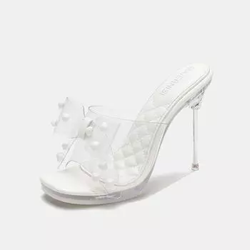 Summer new rivet high-heeled fashion slippers actress metal and transparent cool slippers 35