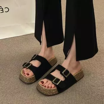 Летние новые сандалии 2024 года, повседневные женские пляжные тапочки в романском стиле на пробковой подошве 35 чёрный