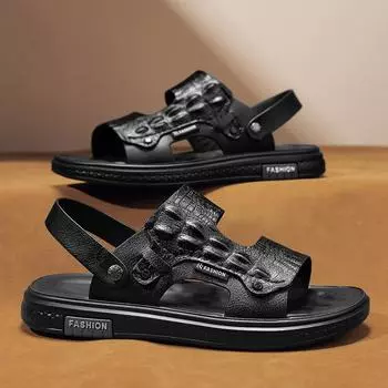 Summer new sandals men s leather summer wear driving soft-soled non-slip slippers dual-purpose sandals business shoes 39 чёрный