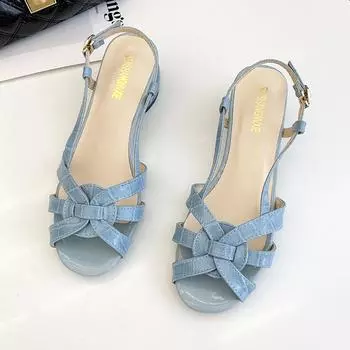 Summer new sandals women s soft leather with fashionable versatile soft sole soft leather comfortable medium heel thick heel women s shoes 35 синий