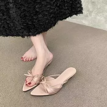 Summer new satin pointed head fish mouth high heels thin heel sexy word wear cool slippers half drag 35