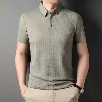 Летняя новая бесшовная рубашка поло, мужская однотонная деловая футболка, футболка среднего возраста с коротким рукавом и лацканами, мужская M
