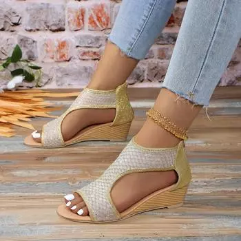 Summer New Sequins Mesh Hollow Wedge Sandals Women Luxury Ladies Peep Toed Rear Zipper Casual Rome Shoes Zapatos De Mujer 36 чёрный