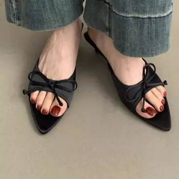 Summer new sexy pointed-toe slippers, casual and comfortable open-toe bow designer, daily matching skirts, high-heeled slippers 35