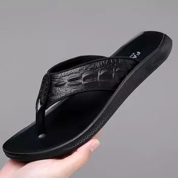 Summer New Shoes for Men Genuine Leather Slipper Crocodile Print Casual Sandals Comfortable Flip Flops Cool Beach Shoes 38 чёрный