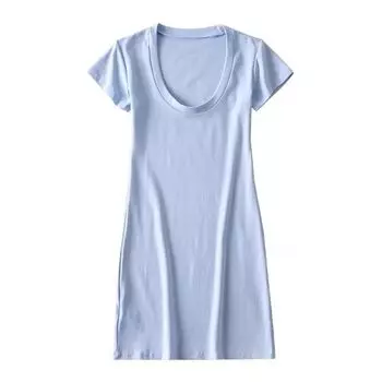 Summer New Short Sleeve Low round Neck Dress Silm Sheath Pure Color Sexy Simple European and American Style Wind Elastic Bottoming Skirt Sky Blue S