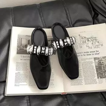 Summer new single shoes with Mary Jane shoes rhinestone women s bag head half slippers retro flat pointed sandals 35