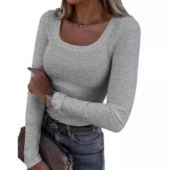 Summer New Slim Fit Long Sleeved T-shirt for Women Light gray XL